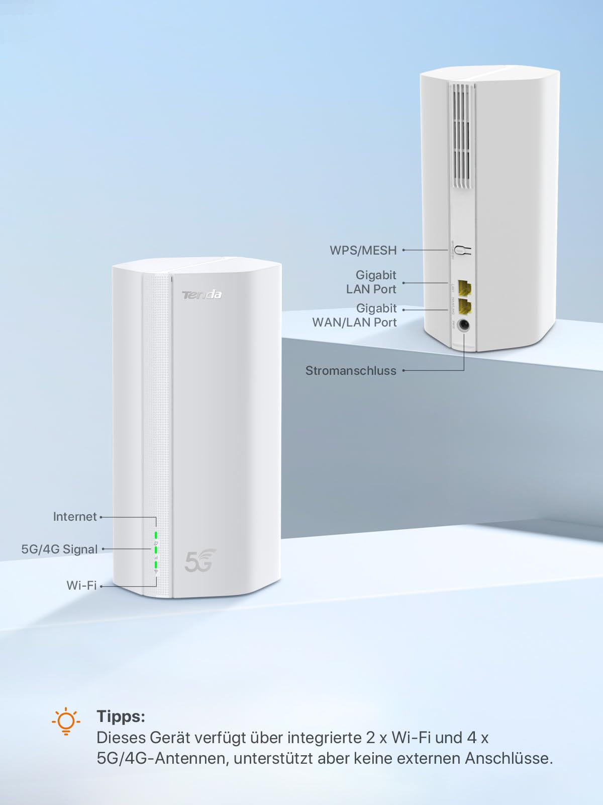 Tenda 5G01 – 5G Wi-Fi 6 Router für Nano-SIM mit Gigabit-Port & Mesh+ – Produktansicht 2