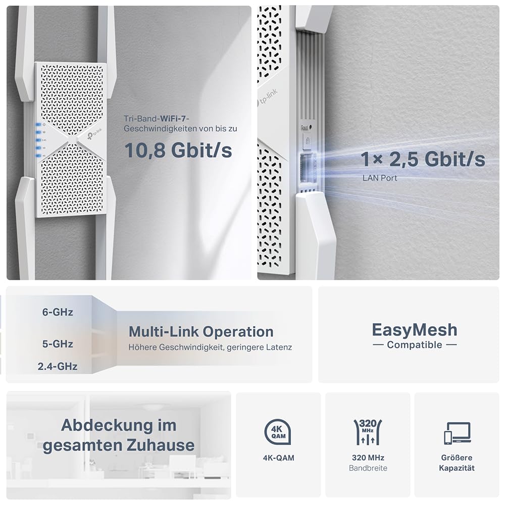 TP-Link RE655BE Tri-Band WiFi 7 Repeater – BE9300, EasyMesh, 2.5G LAN, WPA3 – Produktansicht 9