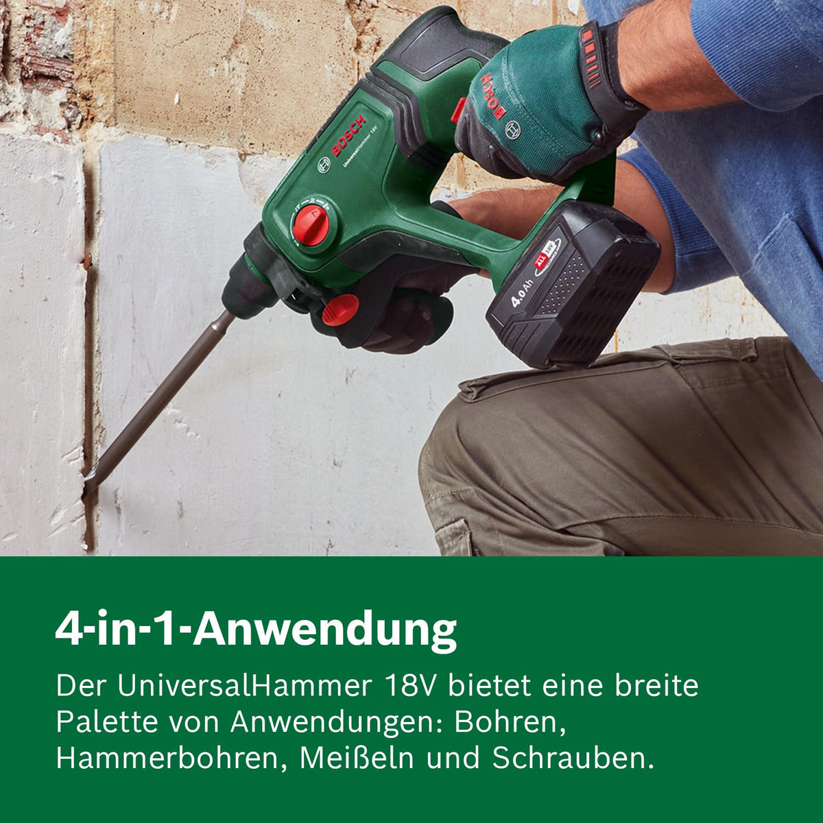 Bosch Akku-Bohrhammer UniversalHammer 18 V (1x Akku 4,0 Ah; 18 Volt System; zum Bohren, Hammerbohren, Meißeln und Schrauben; 