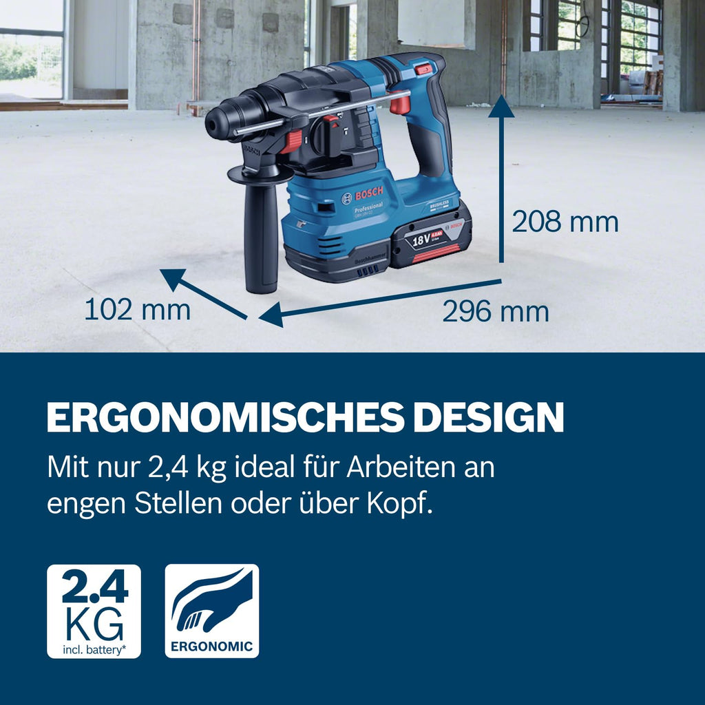 Bosch Professional 18 V System Akku Bohrhammer GBH 18 V-22 (mit SDS plus, inkl. 2x 4,0 Ah Akku, Schnellladegerät GAL 18 V-40,