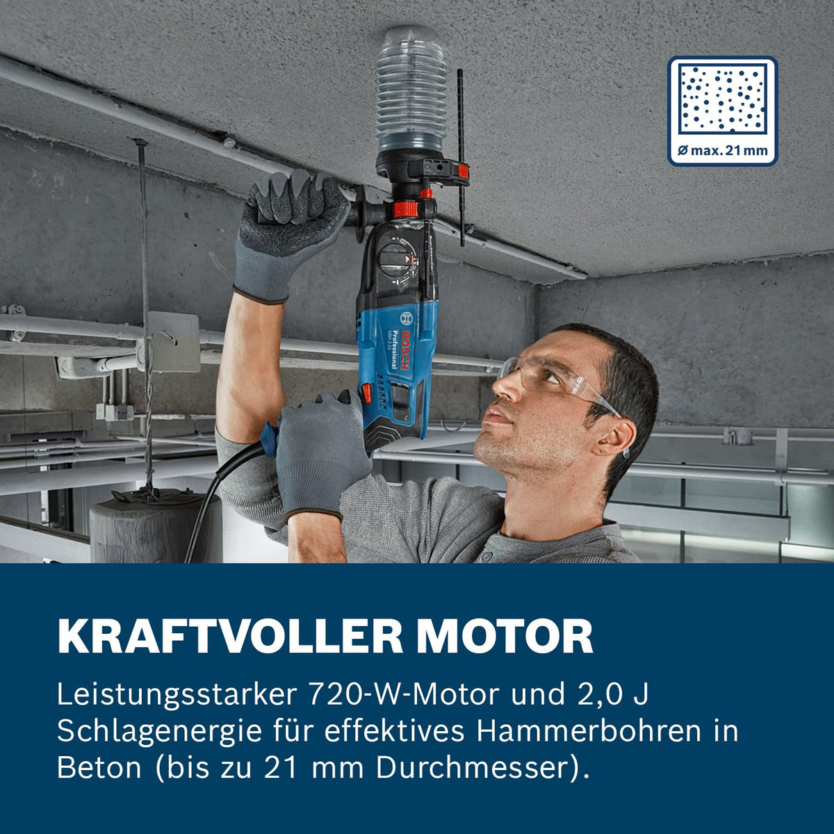 Bosch PRO Bohrhammer GBH 2-21 (mit SDS plus, inkl. Schnellspannbohrfutter mit SDS plus-Adapter, Zusatzhandgriff, Maschinentuc