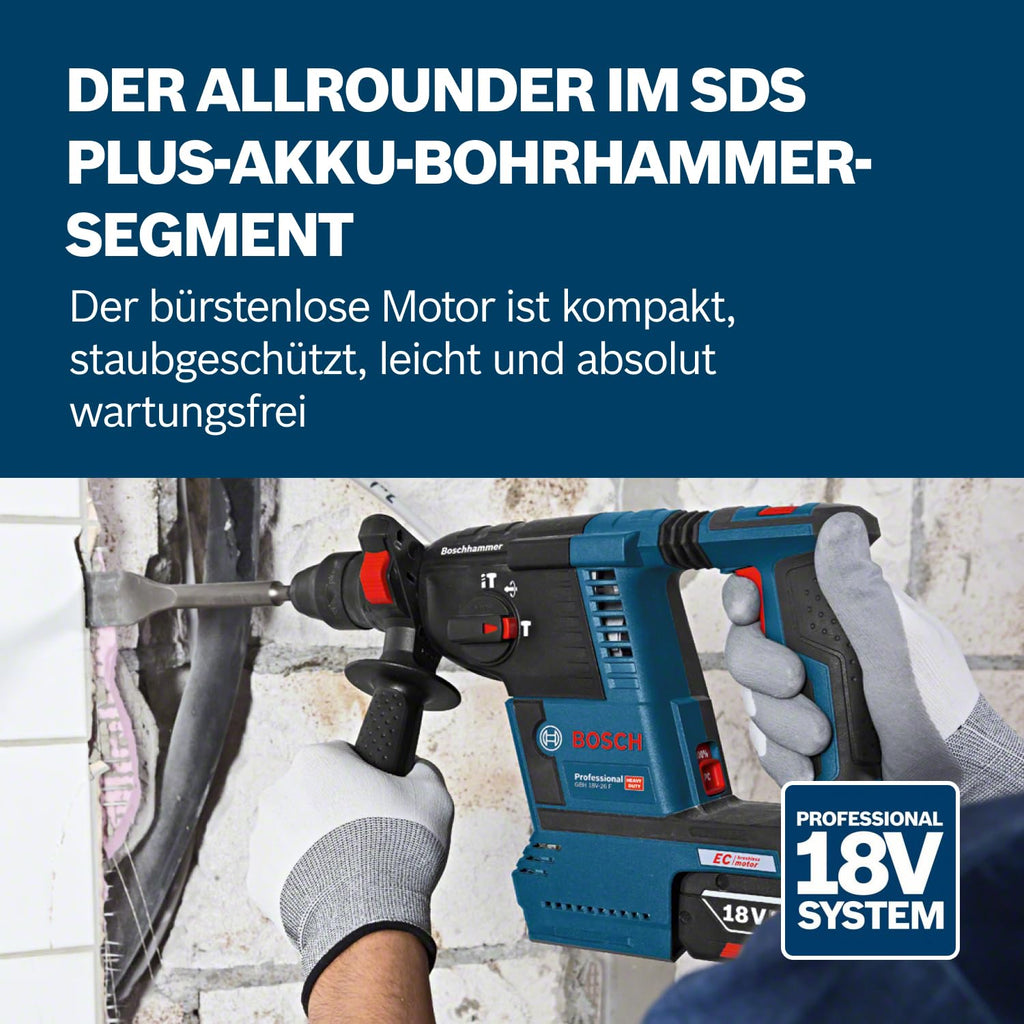 Bosch PRO 18 V System Akku Bohrhammer GBH 18 V-26 (SDS Plus, Bohr-Ø max: Beton/Stahl/Holz 26/13/30 mm, inkl. Zusatzhandgriff,