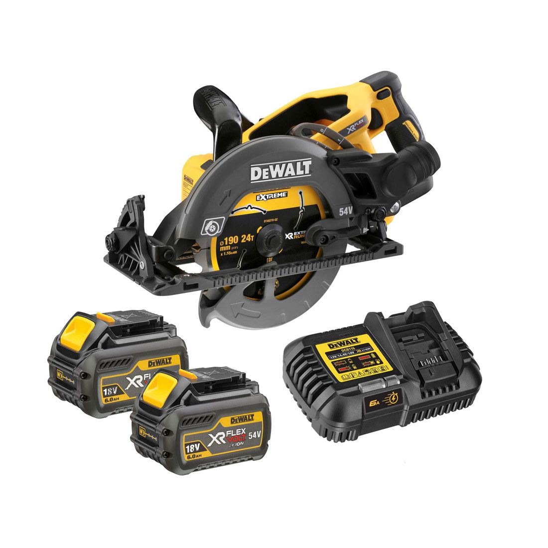 DeWalt DCS577T2-GB 54 V XR FLEXVOLT Hochleistungs 190 mm Handkreissäge inkl. 2x DCB546 Akkus – Produktansicht 1